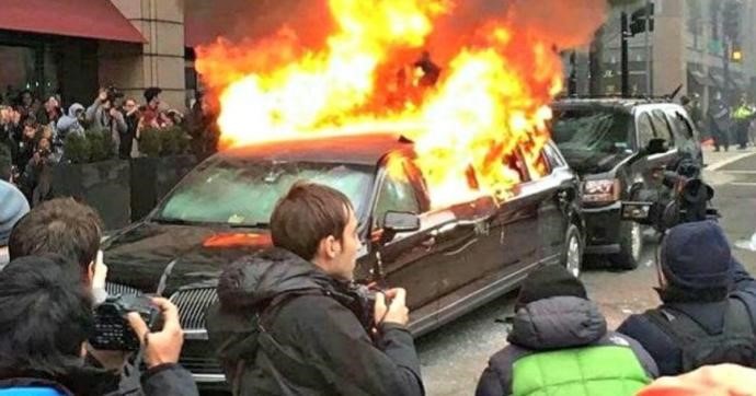 Car burning during a protest
