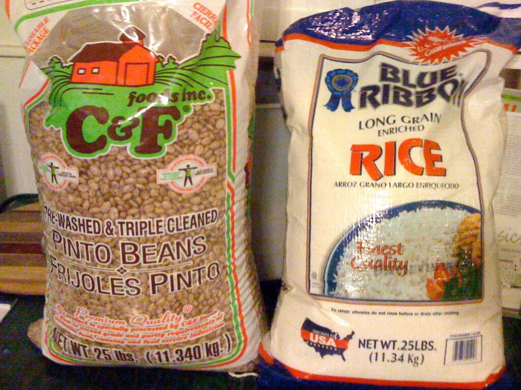 Photo of rice and beans. When properly stored, rice and bean can last for years. Basic food staples when prepping for food shortgages.