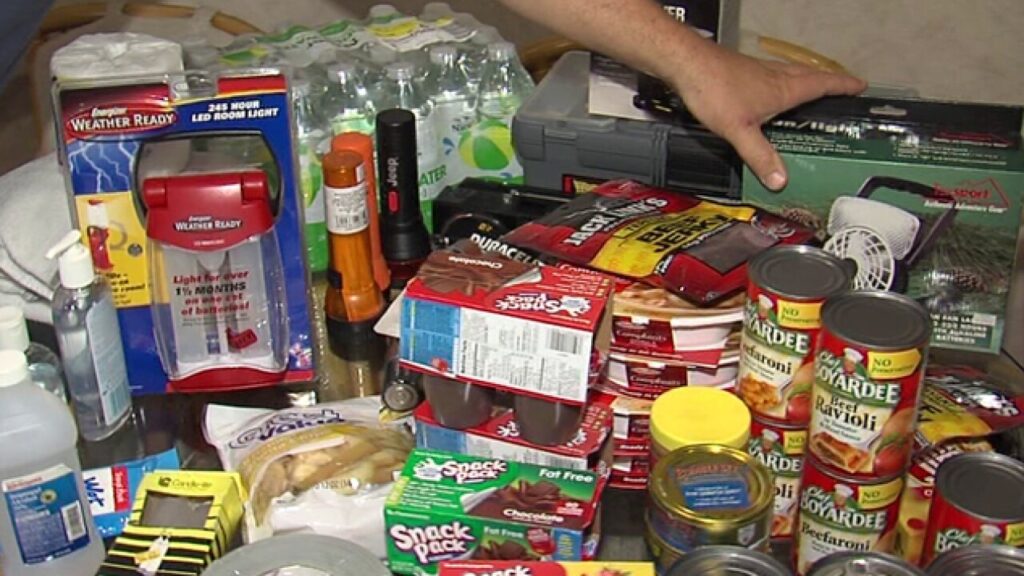 photo of emergency supplies, food and water ahead of a hurricane