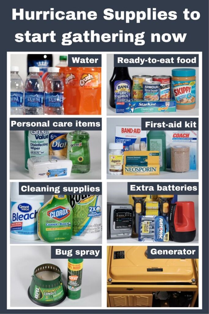 Emergency preps to have ready: water, non perishable food, personal care items, first aid kit, cleaning supplies, batteries, bug spray and a generator. 